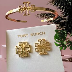 Tory Burch Miller Gold Logo bracelet Cuff  and Stud earrings Set